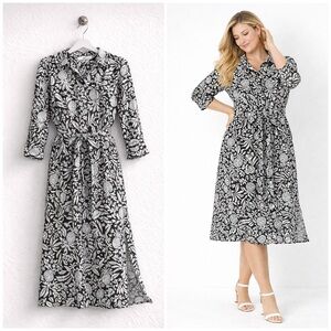 LOFT Linen Blend Maxi Shirt Dress Black & White Pineapple Mixed Media Size 14